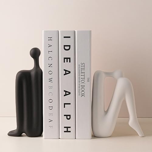 Linxia Abstract Ceramic Figurine Bookends | Matte Black & White Pair | Back-to-Back Design | Decorative Desk, Office & Window Display Accents - color: Matte Black & White