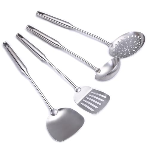 304 Stainless Steel Cooking Utensil Set 4-Piece Kitchen Utensils with Extra-Long Handles, Spatula,Ladle,Slotted Spoon,Slotted Spatula,One-Piece Construction, Ideal for Wok, Grilling, and Gifting - size: 4 Piece utensils(ladle and spatula set)