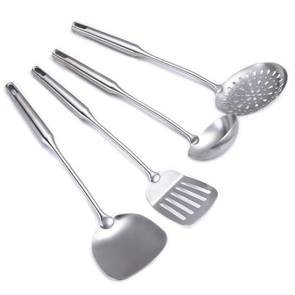 304 Stainless Steel Cooking Utensil Set 4-Piece Kitchen Utensils with Extra-Long Handles, Spatula,Ladle,Slotted Spoon,Slotted Spatula,One-Piece Construction, Ideal for Wok, Grilling, and Gifting - size: 4 Piece utensils(ladle and spatula set)