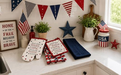 Patriotic Kitchen Pot Holder Oven Mitt Dish Towel Set, 5 Piece, Red White Blue God Bless Design, 100% Cotton - color: God Bless