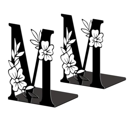 5.3"x4.3"x7.1" Metal Bookends, Heavy Duty Book Ends for Shelves | Letter M with Flowers Theme Cast Iron Book Supports, 1 Pair Decor Stoppers for Desk, Library, Office & Home Shelves - style: Letter M with Flower