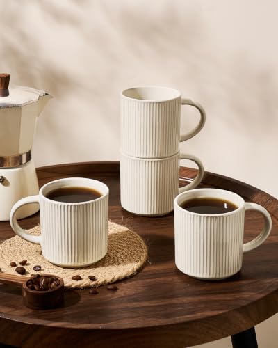 famiware Coffee Mug Set of 4, Star 12 oz Ceramic Mugs Cups Set with Handle | Stoneware Stackable Catering Cup for Coffee, Tea, Cappuccino, Latte, Microwave & Dishwasher Safe, Oat - color: Star-Oat, size: 4 Count (Pack of 1)