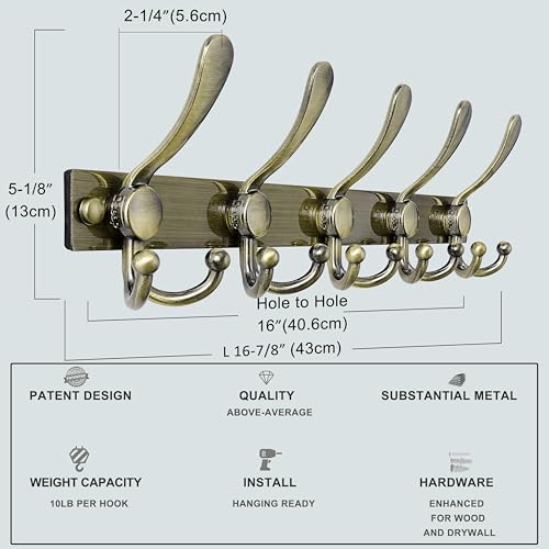 Coat Rack Wall Mount, Heavy Duty 12-Gauge Base vs Flimsy 1mm, Double-Thick Solid Anti-Snap Hooks, 16” Stud-Mount, Stainless Steel Hanger for Clothes Hat Entryway Closet, Bronze, Pack of 2 - color: Bronze, size: L=17" (2pcs)