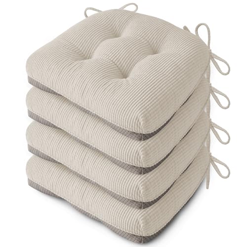 Anti Slip Kitchen Chair Cushions Set of 4 18"X16.5"X3" Beige | Elegant Breathable Textured Fabric, with Ties, Tufted, Thick Polyester Filling, for Dining Chairs, Folding Chairs, Office - color: Beige