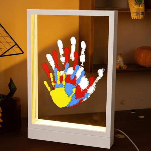 CHERRY CHEERS Family Handprint Kit with Light, Handprint Keepsake Frame, Wooden Led Light, Easy Install, No Need Screw etc, Non-Toxic Paints (White) - color: White