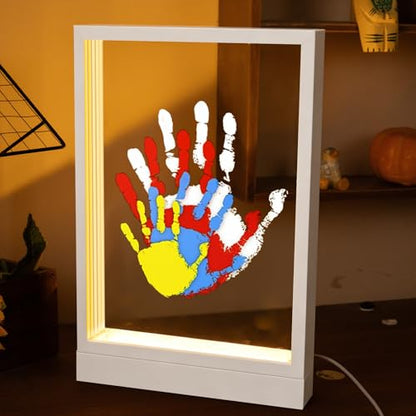 CHERRY CHEERS Family Handprint Kit with Light, Handprint Keepsake Frame, Wooden Led Light, Easy Install, No Need Screw etc, Non-Toxic Paints (White) - color: White
