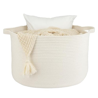 XUANGUO Extra Large Cotton Rope Round Storage Basket 22" x 14" White | Woven basket for blankets, toys, towels, laundry, nursery, living room and pet toy storage. - color: white