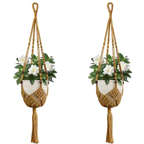 USLAI Macrame Plant Hanger Indoor Outdoor, Up to 3-6.5 inch Pot, Hanging Planter Holder with Beads and Tassels, Boho Home Decor, 35+35 Inch, Brown (POTS NOT Included) - color: 35+35 Inch - Brown