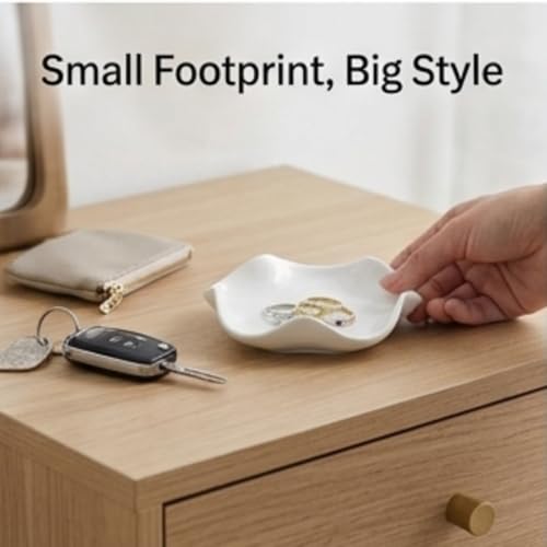 Elegant 5.3" White Ceramic Trinket Tray & Ring Holder Dish – Unique Wavy Decor, Jewelry Catchall, & Small Present for Mom, Sister, or Best Friend | Modern Vanity Accessory