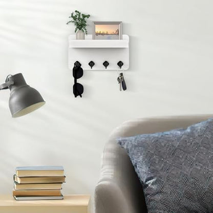 Nekon Key Holder Wall Mount, 8.5 Inch Small Wooden Wall Organizer, White | Rustic Wall Shelf, Farmhouse Key and Mail Holder for Living Room Entryway Kitchen - color: White