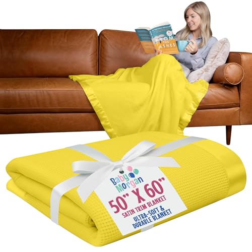 Thermal Waffle Knit Throw Blanket Satin Trim Yellow 50" x 60" | Adult throw blanket with soft lightweight waffle knit design, satin trim & breathable layer for couch, bed & living room use. - color: Yellow - Satin Trim