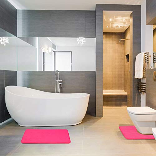 Memory Foam Bathroom Rugs 2 Piece Bath Mat Set Soft Non-Slip and Absorbent Microfiber Bath Rug and U-Shaped Toilet Mat 32"x20"+24"x 20", Hot Pink