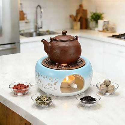 uxcell Teapot Warmer, Ceramic Tea Warmer Ceramic Teapot Heater with Alloy Pad Tealight Holder for Heating Coffee Milk Water Heatproof Dish Warming Use, Blue White Ocean Flower Design - color: Blue