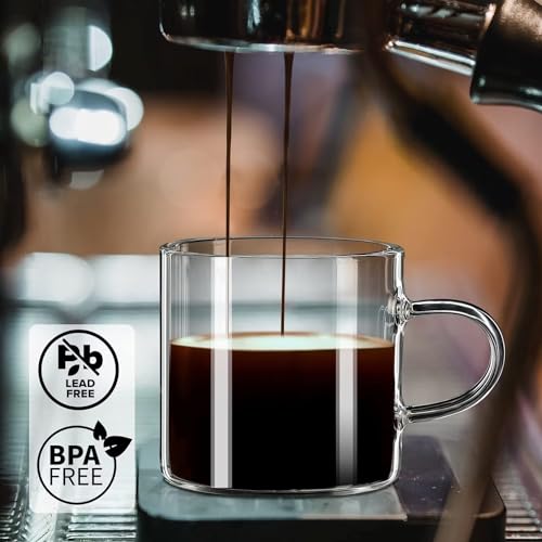 PARACITY Espresso Shot Glass Set of 2, 4.3 fl oz Clear Cups with Handles | Borosilicate bodies fit semi-automatic and pod machines, holding 3-4 shots for americano, latte, cappuccino, mocha or foam - size: 4.3 Ounces