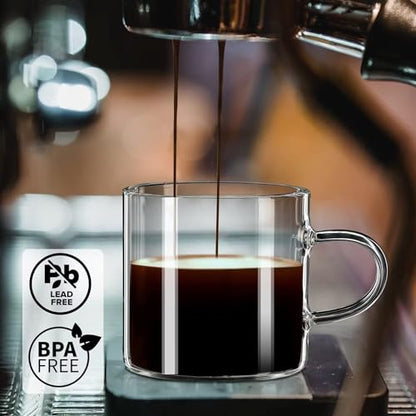 PARACITY Espresso Shot Glass Set of 2, 4.3 fl oz Clear Cups with Handles | Borosilicate bodies fit semi-automatic and pod machines, holding 3-4 shots for americano, latte, cappuccino, mocha or foam - size: 4.3 Ounces