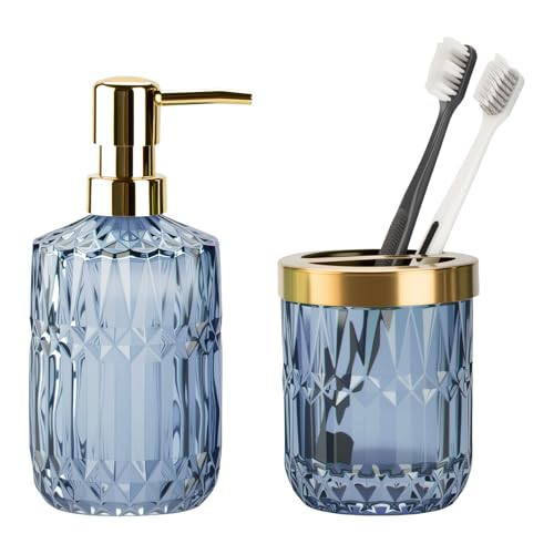 Glass Bathroom Toothbrush Holder and Soap Dispenser Set, Blue | 2 Piece Bathroom Accessories Set for Modern Bathroom Decor and Housewarming Gift - color: Blue