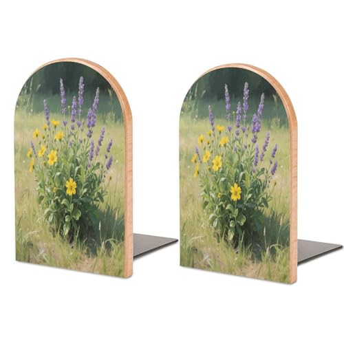 Personalized Wood Book Ends Metal Base Wildflower Bouquet Art Printing Bookend Modern Heavy Duty Bookends for Home Or Office 1 Pair - color: Wildflower Bouquet Art