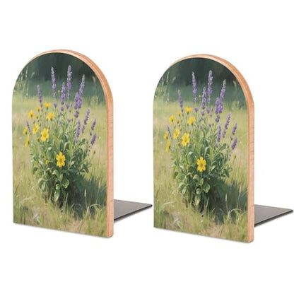 Personalized Wood Book Ends Metal Base Wildflower Bouquet Art Printing Bookend Modern Heavy Duty Bookends for Home Or Office 1 Pair - color: Wildflower Bouquet Art
