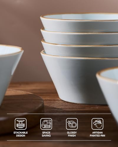 Famiware Saturn Dinnerware Sets, Ceramic Dishes for 4, Rimmed Plates, Bowls | Light Blue, 12-Piece Microwave and Dishwasher Safe Stoneware, Chip & Scratch Resistant, Modern Rustic Tableware, Everyday Use - color: Light Blue, size: 12