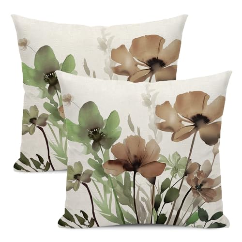 Spring Floral Pillow Covers 18x18 Inches Set of 2 Sage Green Brown Floral Throw Pillow Cover Outdoor Rustic Summer Flower Decoration Pillowcase Farmhouse Decorative Cushion Cover For Sofa Couch - color: Flower- Sage Green Brown, size: 18" x 18" (Pack of 2