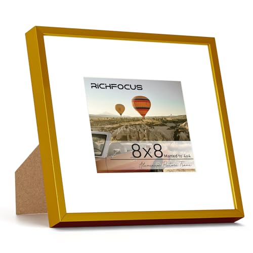 RICHFOCUS 8x8 Picture Frame|Square Frame 8 x 8 Matted to 4x4 Bronze|8x8 Metal Aluminum Photo Frames with Stand for Tabletop or Wall Hanging|Hardwares Included, Set of 1 - color: Bronze, size: 8x8-1P-Plexiglass