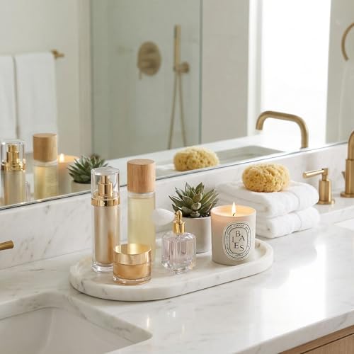 Natural Marble Vanity Tray for Bathroom Counter, Stone Catchall Tray for Perfume, Soap, Jewelry and Skincare, Bathroom Countertop Organizer for Vanity, Dresser or Kitchen Sink, 11.8 x 6.3 Inch