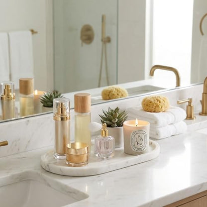 Natural Marble Vanity Tray for Bathroom Counter, Stone Catchall Tray for Perfume, Soap, Jewelry and Skincare, Bathroom Countertop Organizer for Vanity, Dresser or Kitchen Sink, 11.8 x 6.3 Inch