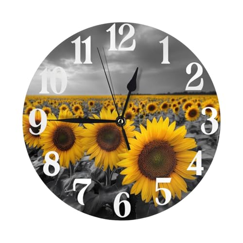 Sunflowers Clock for Living Room Wall Clock Round Kitchen 10 Inch Non-Ticking Silent Quartz Atomic Analog Clocks Decorative Bedroom - color: Sunflower
