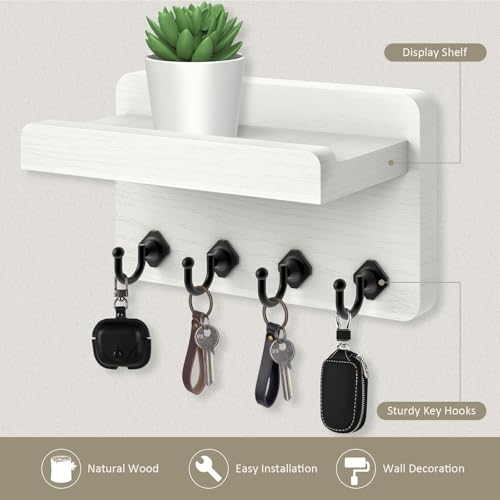 Nekon Key Holder Wall Mount, 8.5 Inch Small Wooden Wall Organizer, White | Rustic Wall Shelf, Farmhouse Key and Mail Holder for Living Room Entryway Kitchen - color: White