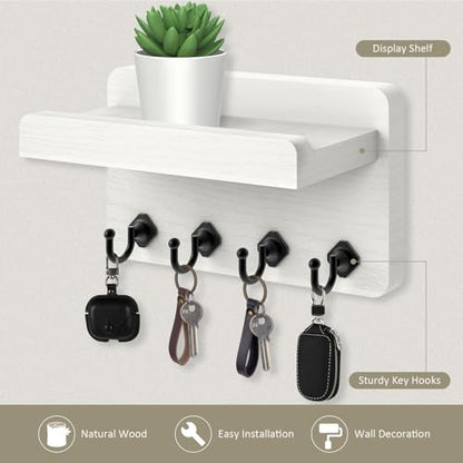Nekon Key Holder Wall Mount, 8.5 Inch Small Wooden Wall Organizer, White | Rustic Wall Shelf, Farmhouse Key and Mail Holder for Living Room Entryway Kitchen - color: White
