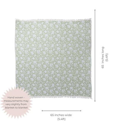 Flower Organic Cotton Turkish Throw Blanket, Muslin - Olive | Thin, Soft, Lightweight, Breathable Gauze Weave, Green and White Reversible Floral Print, for Sofa, Chair, Couch, 65" x 65" - color: Olive Whimsy
