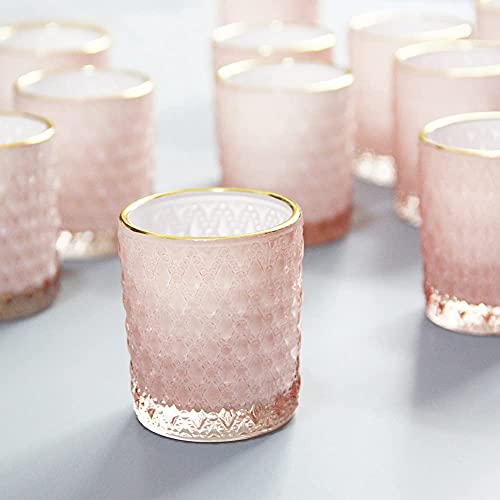 SHMILMH Pink Votive Candle Holders Set of 24, Pink Christmas Table Centerpiece Glass Tealight Holders Bulk with Gold Rim, Tea Candle Holder for Birthday Wedding Decor - color: Pink