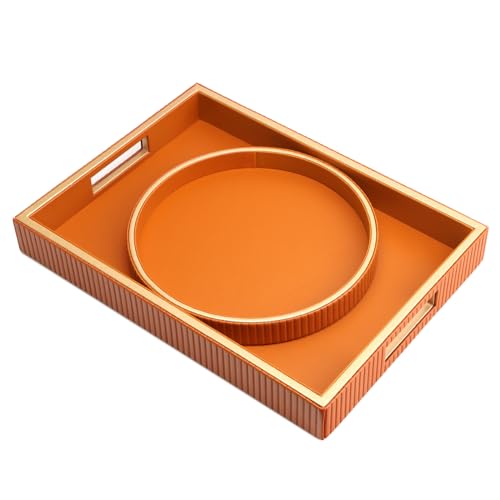 Leather Tray Desktop Storage Organizer, Decorative Tray Set, Orange | Premium Serving Trays Valet Tray for Sundries Cosmetics Phone Wallet Cutlery, Set of 2, Orange Holder with Disc - color: Orange Holder With Disc