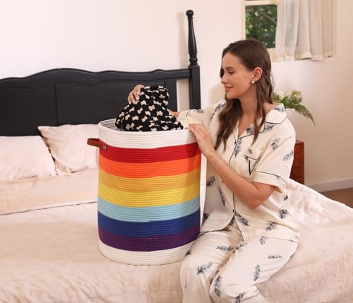 16"x20" Extra Large Cotton Rope Basket with Zipper Lid, Woven Laundry Hamper and Blanket Storage Basket, Round Clothes Bin for Living Room Bedroom, Rainbow & White - color: Rainbow/White