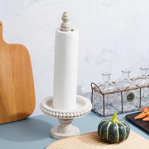 Farmhouse Paper Towel Holder Kitchen Countertop Wood Paper Towel Stand, Standing Paper Towel Dispenser Rack, White Washed Beaded Roll Paper Towel Stand and Non Woven Paper Towel for Kitchen Toilet