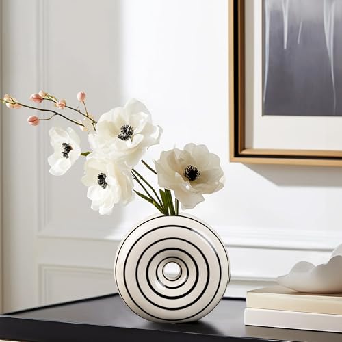 Ceramic Small Donut Vase Hand Painted Glossy Finish Flower Vase, Black and White, Unique Modern Home Decor for Living Room, Coffee Table, Mid Century Decor - size: Small
