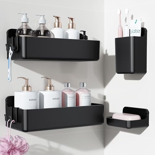 Nieifi Adhesive Shower Shelves, Black, 4 Pieces | Rustproof ABS, Large Capacity, Removable Design, Easy-Clean, No Drilling Shower Organizer for Bathroom Storage & Home Decor - color: Black, size: 4 pieces