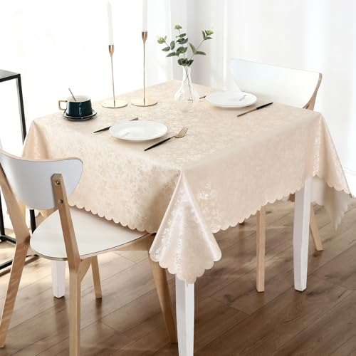 Smiry Square Waterproof Heavy Duty Vinyl Tablecloths, 60 x 60 Inch | Wipeable Washable Floral Embossed Table Cover for Kitchen and Dining Room, Indoor & Outdoor Use, Beige - color: Beige, size: 60" x 60" (Square)