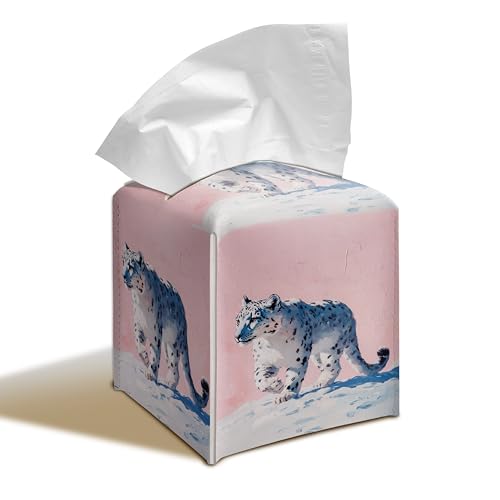 Snow Leopard Art PU Leather Tissue Box Cover 5.2 in | Snow leopard art design; 5.2-inch square PU leather tissue box cover with hand-stitched style and removable liner. - color: Snow Leopard