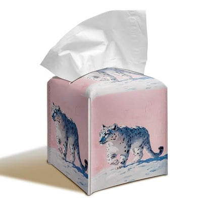 Snow Leopard Art PU Leather Tissue Box Cover 5.2 in | Snow leopard art design; 5.2-inch square PU leather tissue box cover with hand-stitched style and removable liner. - color: Snow Leopard