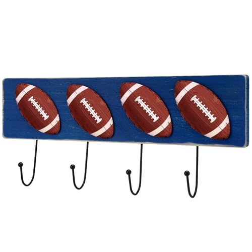 Football Wall Decor Wood Football Hooks Vintage Coat Hooks Sports Theme Bathroom Decor Towel Hanger with Easy Installation for Home Entryway Playroom Hats Keys - style: Football