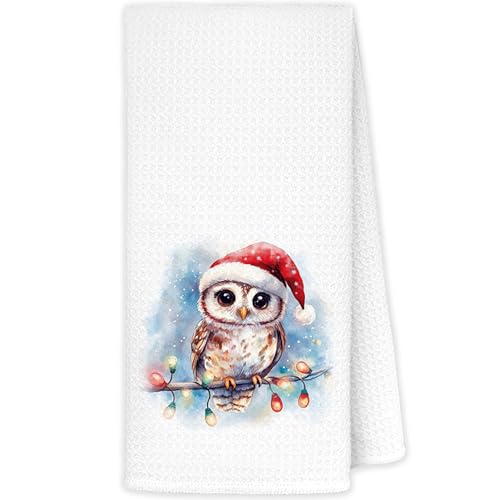 JINYO Cute Owl Christmas Kitchen Towels, Gifts for Owl Lovers, Cute Animal Christmas Lights Decorative Hand Towels for Bathroom Kitchen, Winter Xmas Dish Tea Towel, 16x24 Inch - color: Owl Towels（christmas）