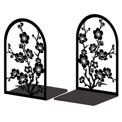 5.3"x4.3"x7.9" Metal Bookends, Heavy Duty Book Ends for Shelves | Plum Blossom Branches Theme Cast Iron Book Supports, 1 Pair Decor Stoppers for Desk, Library, Office & Home Shelves - style: Plum Blossom Branches