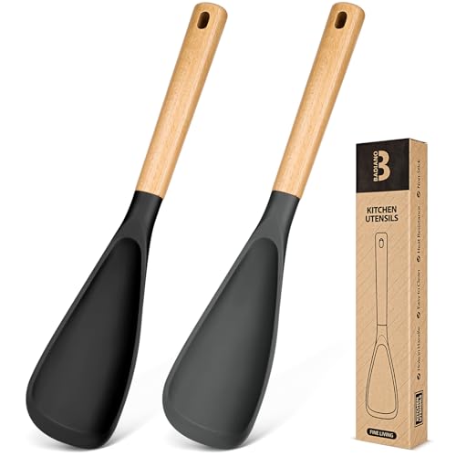 Cooking Spoon for Nonstick Cookwares, Great for Cooking and Serving Sturdy BPA-Free Matte Silicone, Wood Handle Spoon for Mixing, Scoop, and Scrape (Black & Grey, 13.4 inch) - color: Black & Grey, size: 13.4 inch