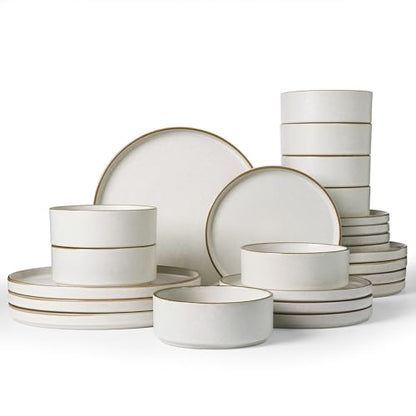 Famiware Nebula 24-Piece Dinnerware Set, Matte Beige White with Brown Rim | Stoneware Plates and Bowls, Handmade Reactive Glaze, Microwave & Dishwasher Safe, Chip & Scratch Resistant - color: Matte Beige White with Brown Rim, size: Service for 8 (Standard