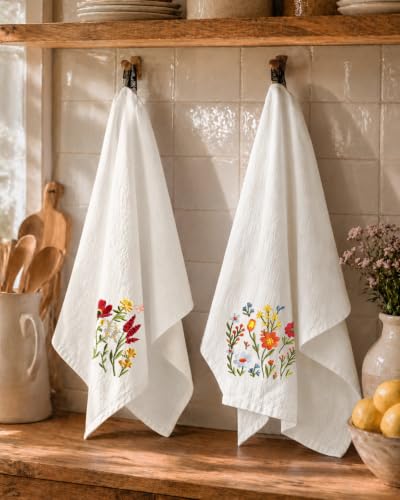 Embroidered Flour Sack Kitchen Towels, Gerbera Daisy | Exquisite Embroidery, Pure Cotton, Lightweight, Nostalgic Design, with Hanging Loop, Softer After Wash, Machine Washable - color: Gerbera Daisy