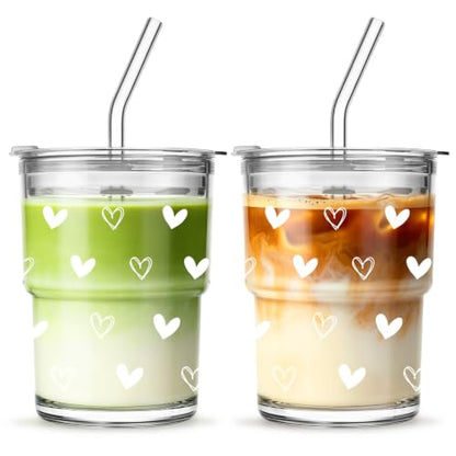 INSETLAN 13 oz Heart Decal Glass Tumblers Set of 2, Thick Wall Glass Cups with Lid and Glass Straw, On-the-Go Coffee Cups for Iced Coffee, Tea, Milk, Hot & Cold Drinks, Travel & Daily Use - color: 13 oz - 2 Pcs - With Heart Decal