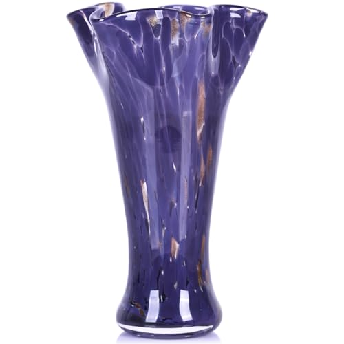 9.0" H Purple Glass Vases for Flower, Unique Hand Blown Glass Vase | Wide Mouth Colorful Flower Vase for Bouquet or Centerpieces, Coastal Vases for Living Room Table Bookshelf, Shelf Decorative - color: Purple