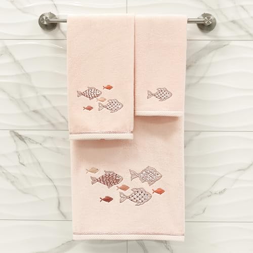 Treasure 4-Piece Premium Towel Set, Sparkling Applique Fish, Ultra Plush Turkish Cotton, Durable, Perfect for Bathroom, 2 Bath 2 Hand Towels, Blush - color: Blush, size: 2 Pcs Bath 2 Pcs Hand Towel