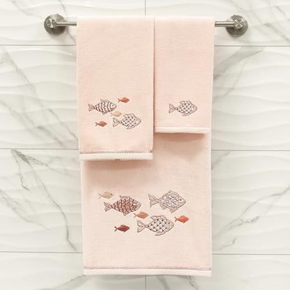 Treasure 4-Piece Premium Towel Set, Sparkling Applique Fish, Ultra Plush Turkish Cotton, Durable, Perfect for Bathroom, 2 Bath 2 Hand Towels, Blush - color: Blush, size: 2 Pcs Bath 2 Pcs Hand Towel